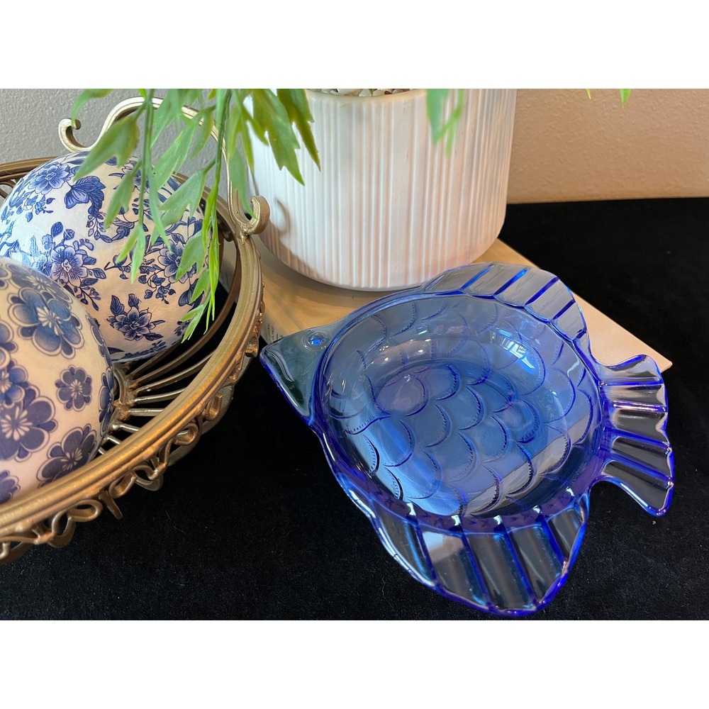 Vintage Cobalt Blue Pressed Glass Fish Dish 6.5" Coastal Nautical Decor